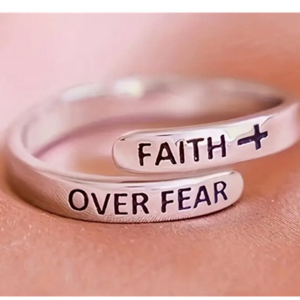 "FAITH OVER FEAR" Sterling Silver Cross Adjustable Ring